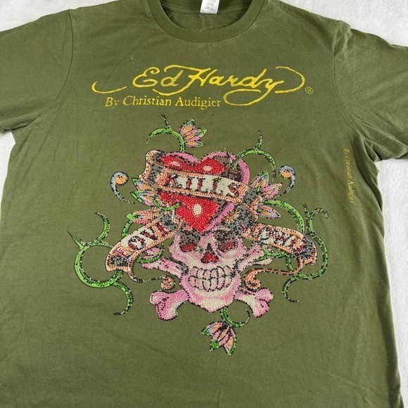 Ed Hardy green skull graphic top y2k vintage mcbling grunge skater