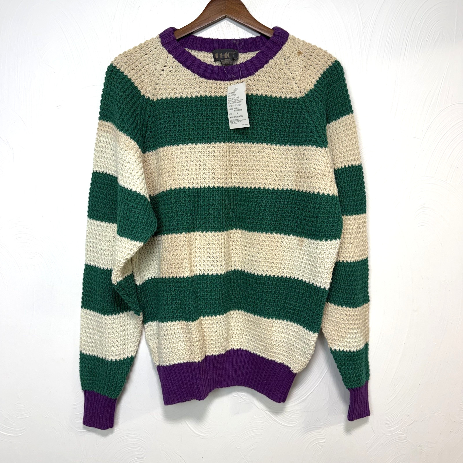 Vintage NWT 1440 Women’s Striped Green Purple Long Sleeve Cotton Blend Sweater M