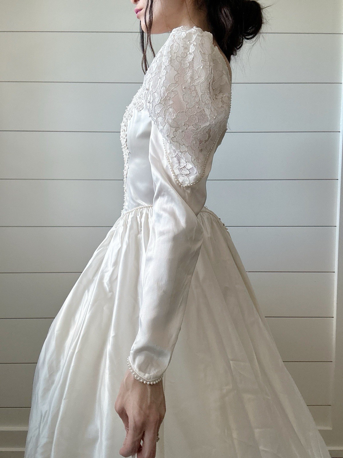 Vintage Wedding Dress 1980s Satin Princess Cut Ballgown Beadwork Train Lace
