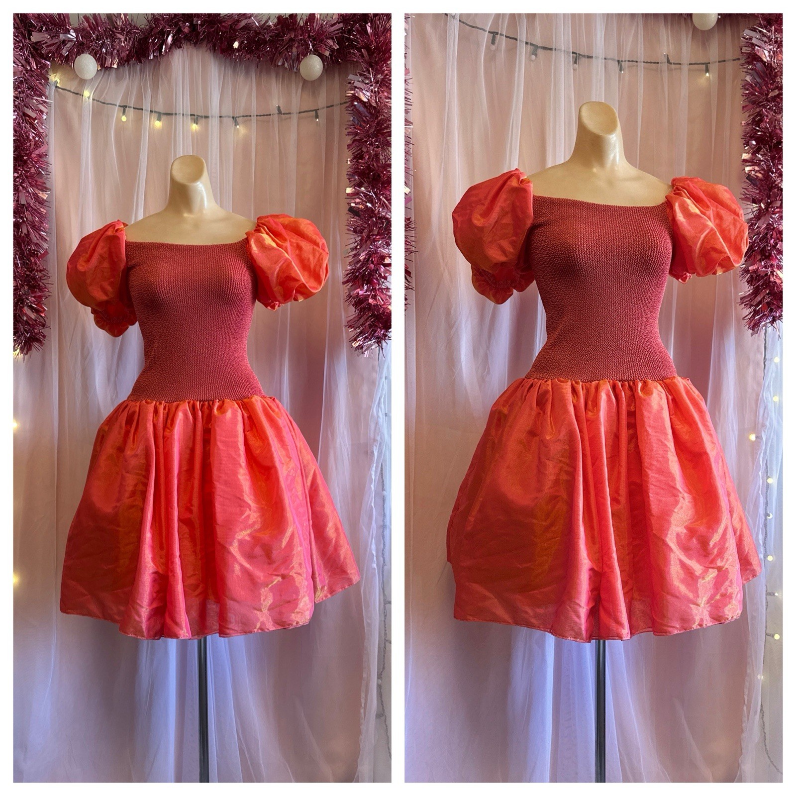 Vintage 80s Puff Sleeve Mini Dress Pinky Orange Iridescent Princess Fairy XS XXS