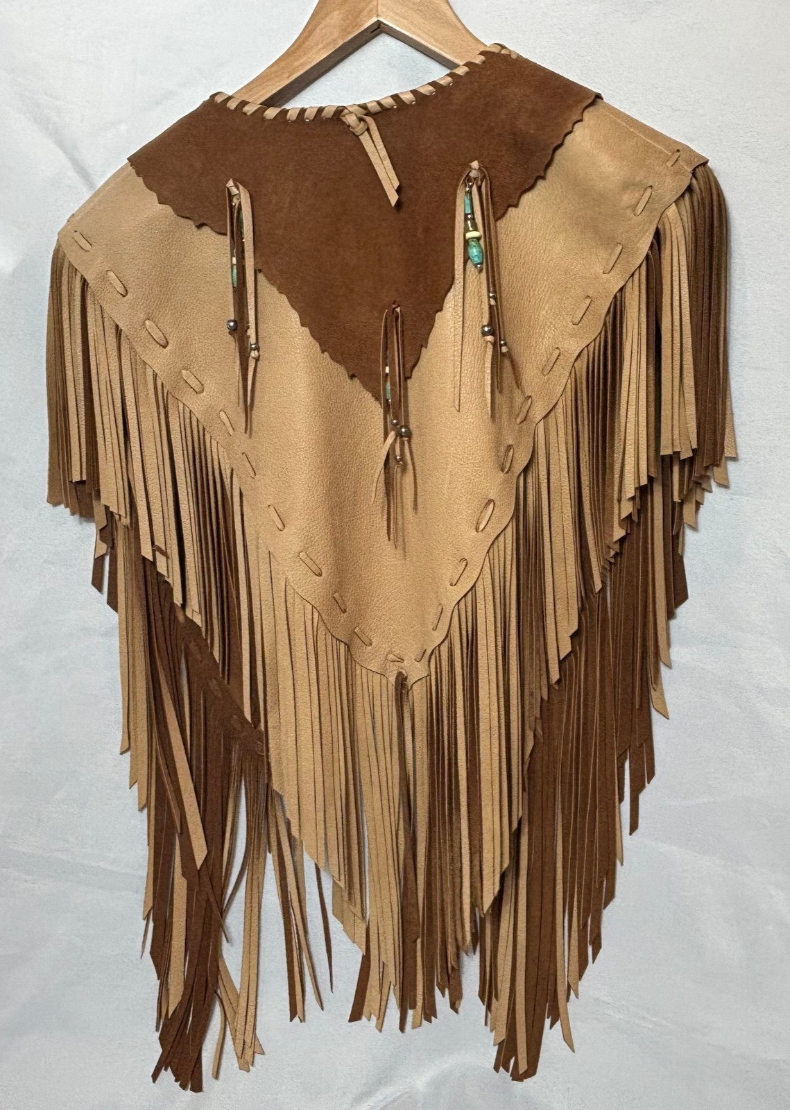 Blue Bonnet Rose Leather Brown & Tan Vest Fringed Turquoise Beads Boho Western