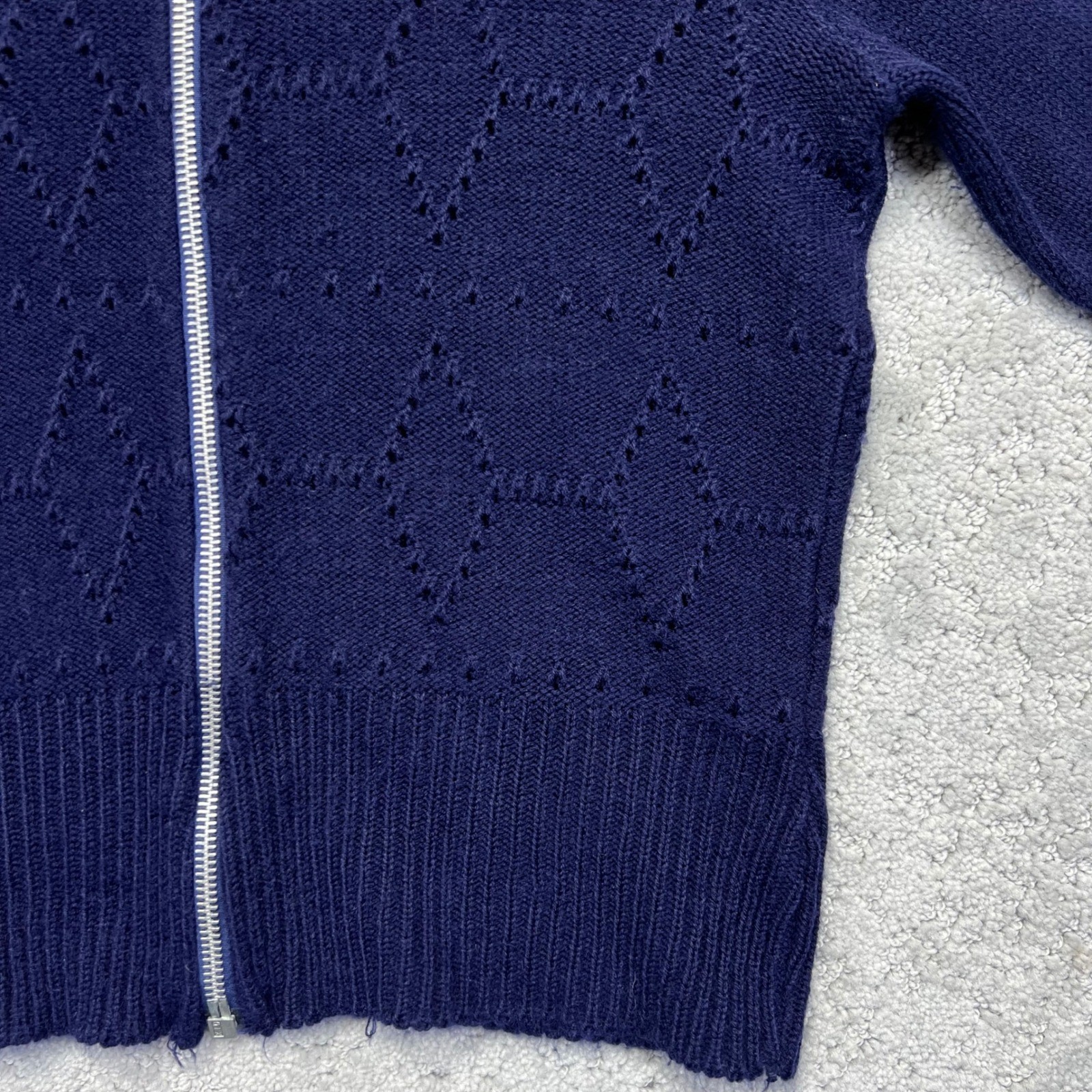 VINTAGE Young Canada Sweater Womens XS/S?? Navy Blue Diamond Knit Zip Up Acrylic