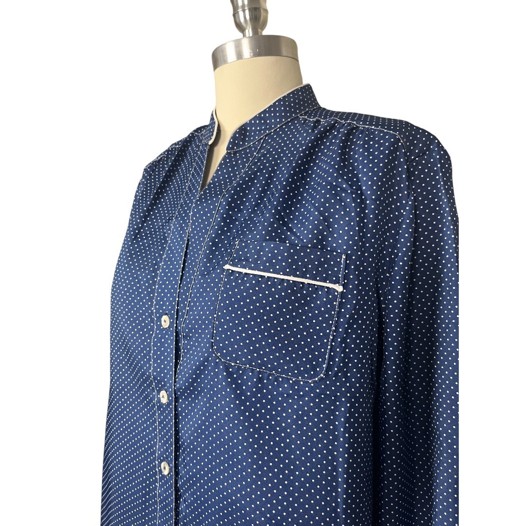 VTG 70s Schrader Sport Long Sleeve Navy & White Mini Polka Dot Half Button Dress