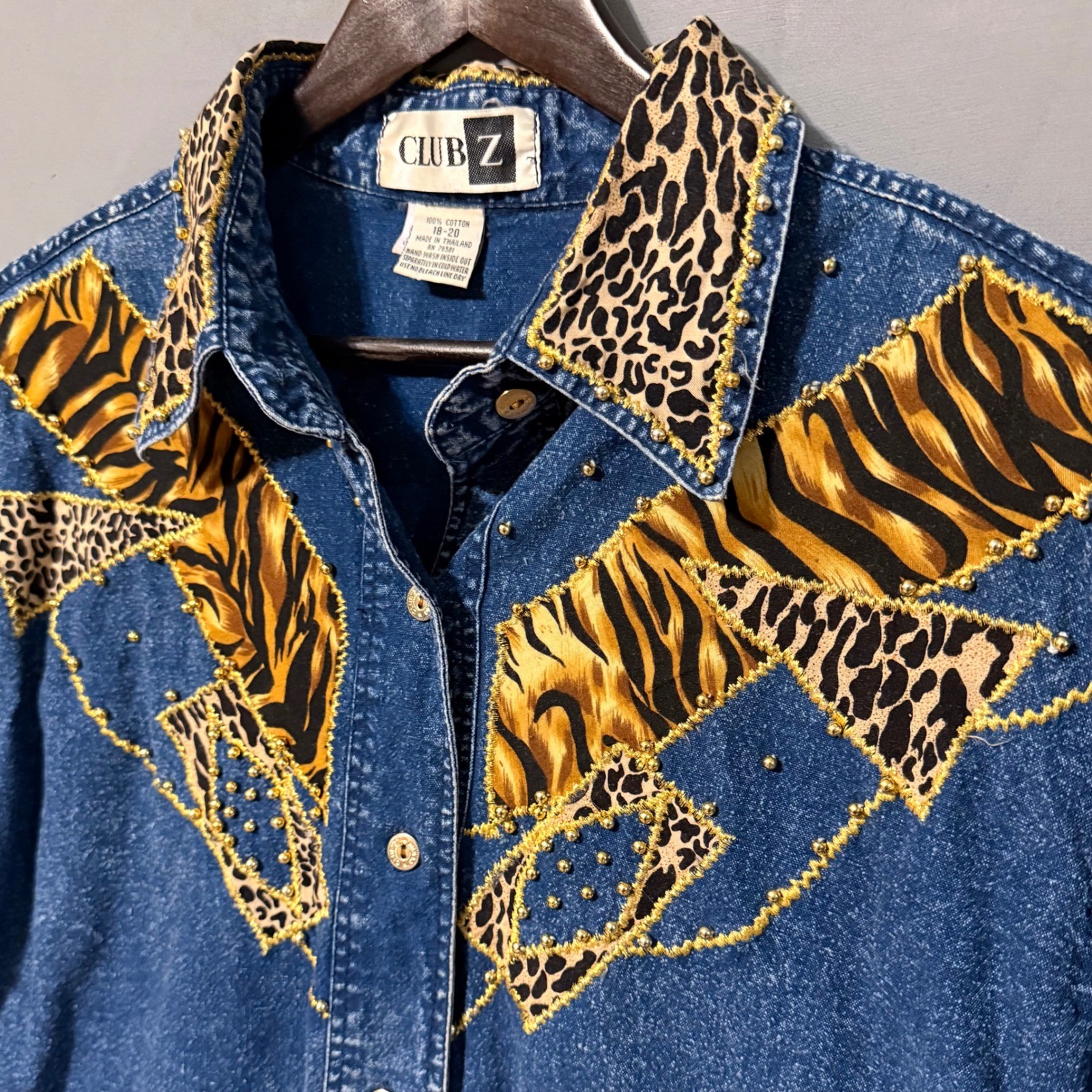 VTG 80s 90s 100% Cotton Denim Shirt Animal Print Patchwork Plus Size 18-20 Gold