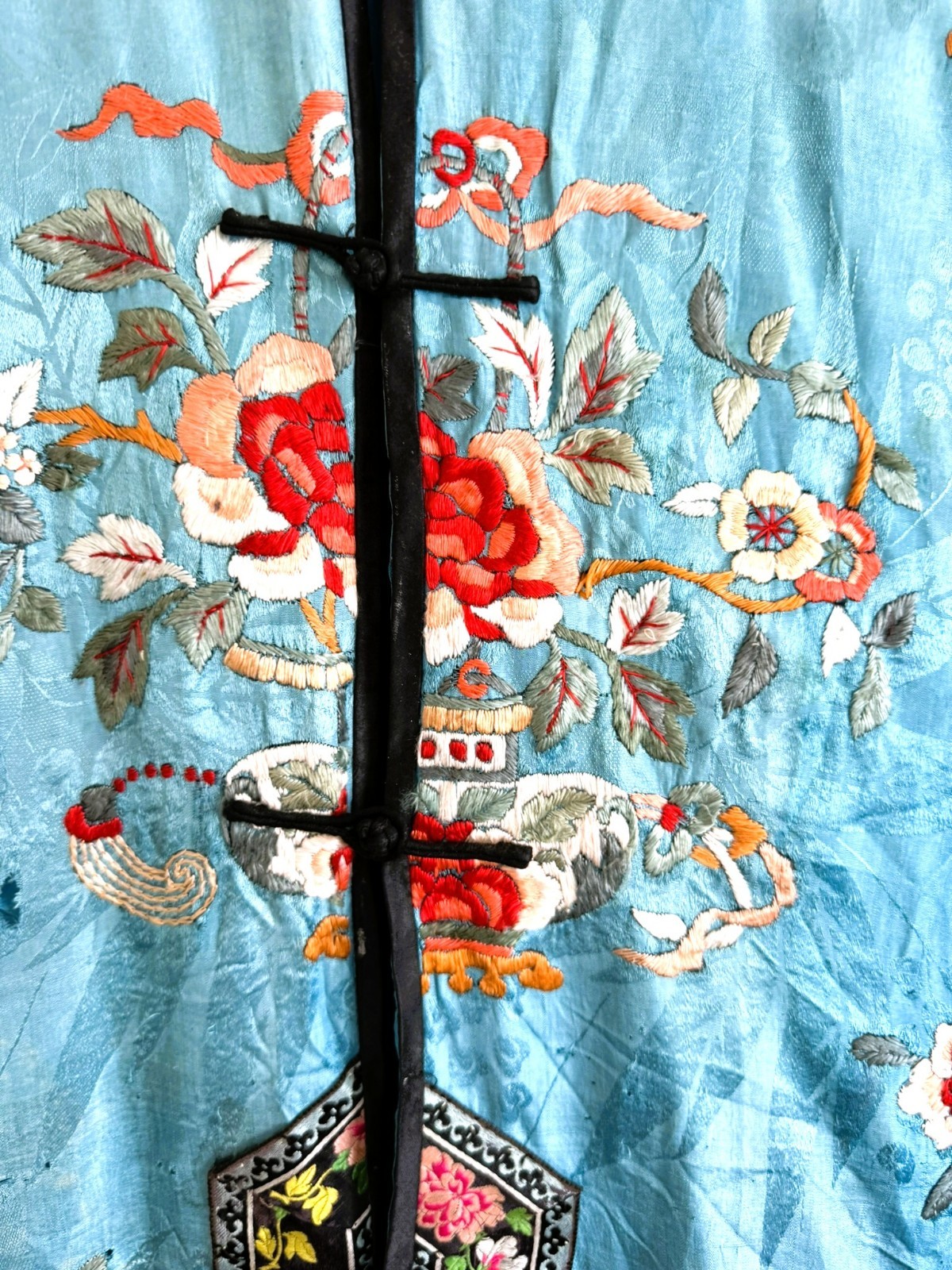 1920s 2pc Chinese Silk Satin Embroidered Blue and Peach Floral Robe Pants Set