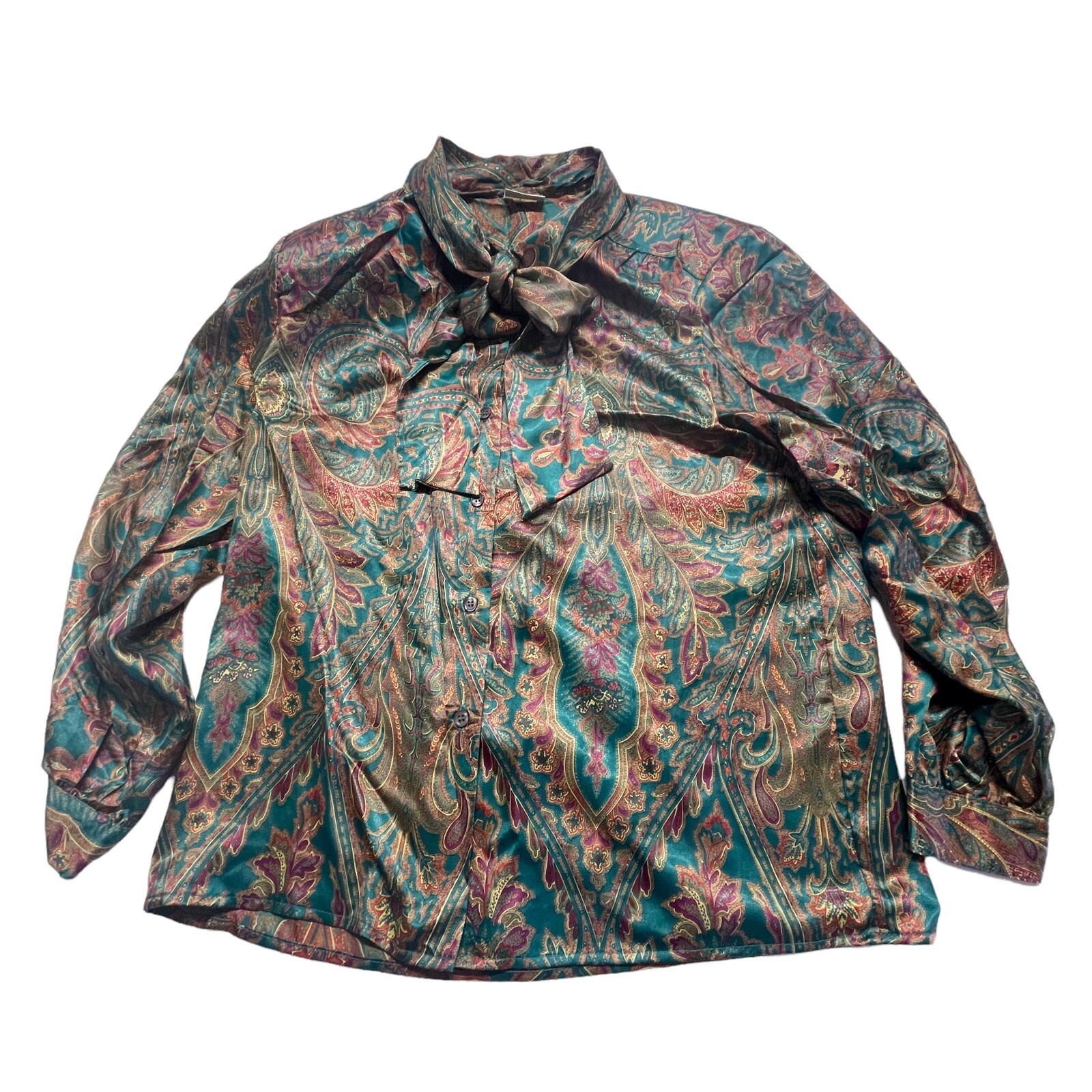 Russ Vintage Blouse Womens Sz 14 Neck Tie Business/Classy, Shoulder Pads Buttons