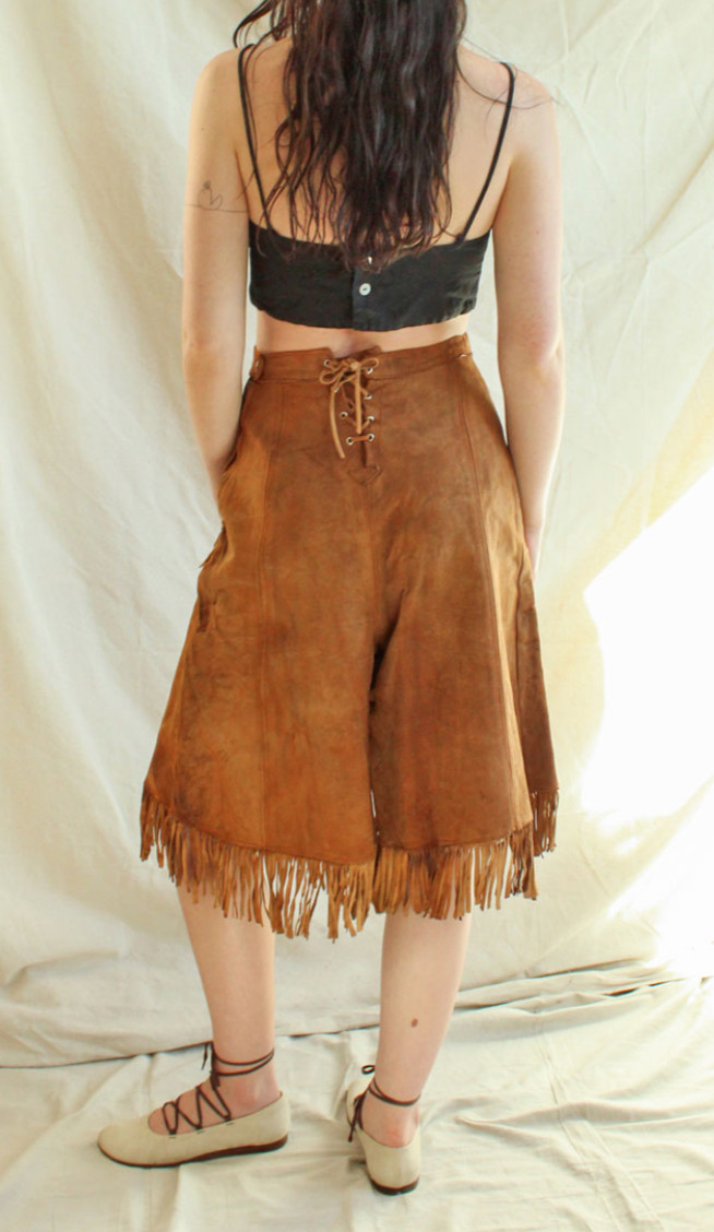 1940s suede fringe studded western culottes pants shorts lace up leather vintage