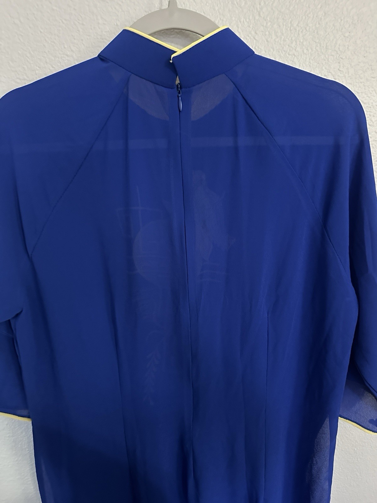 Vintage Inspired Sheer Blue Asian Dress Size 52 – Embroidered Gold Floral Design