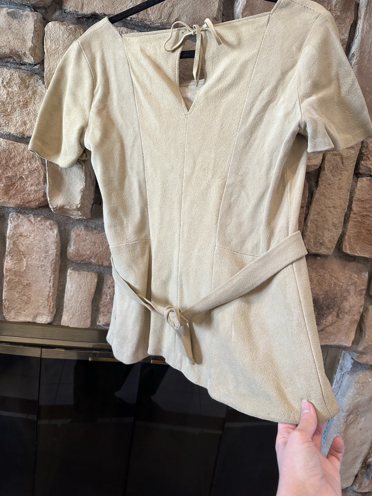 TRUE VINTAGE 60s/70s NATURAL COMFORT Leather Suede Tie Top Hippy Floral Tan L/XL
