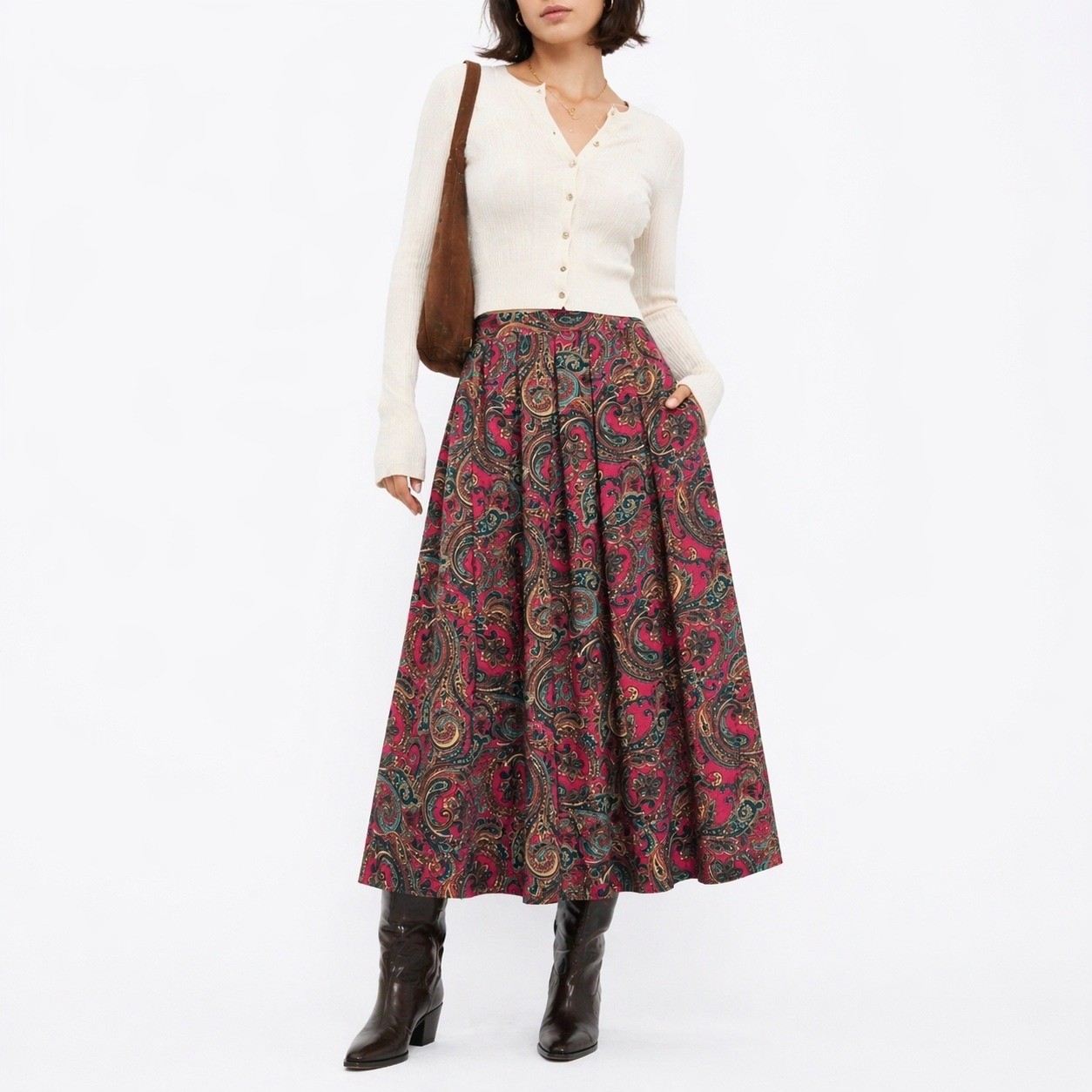 Vintage Handmade Paisley Midi Skirt Red Teal Pleated Boho Full Length Pocket