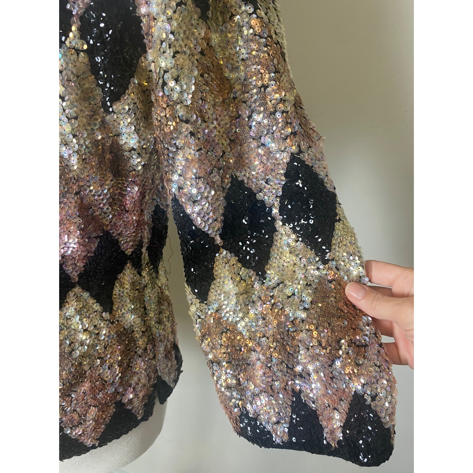 Vintage Harlequin Sequin Top Gold Bronze Black Diamond Pattern Evening Blouse