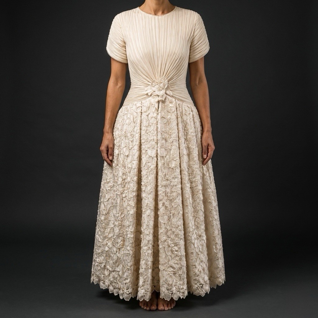 George F Couture Vintage 80s Drop Waist Pleated Lace Wedding Dress V Back Gown 8