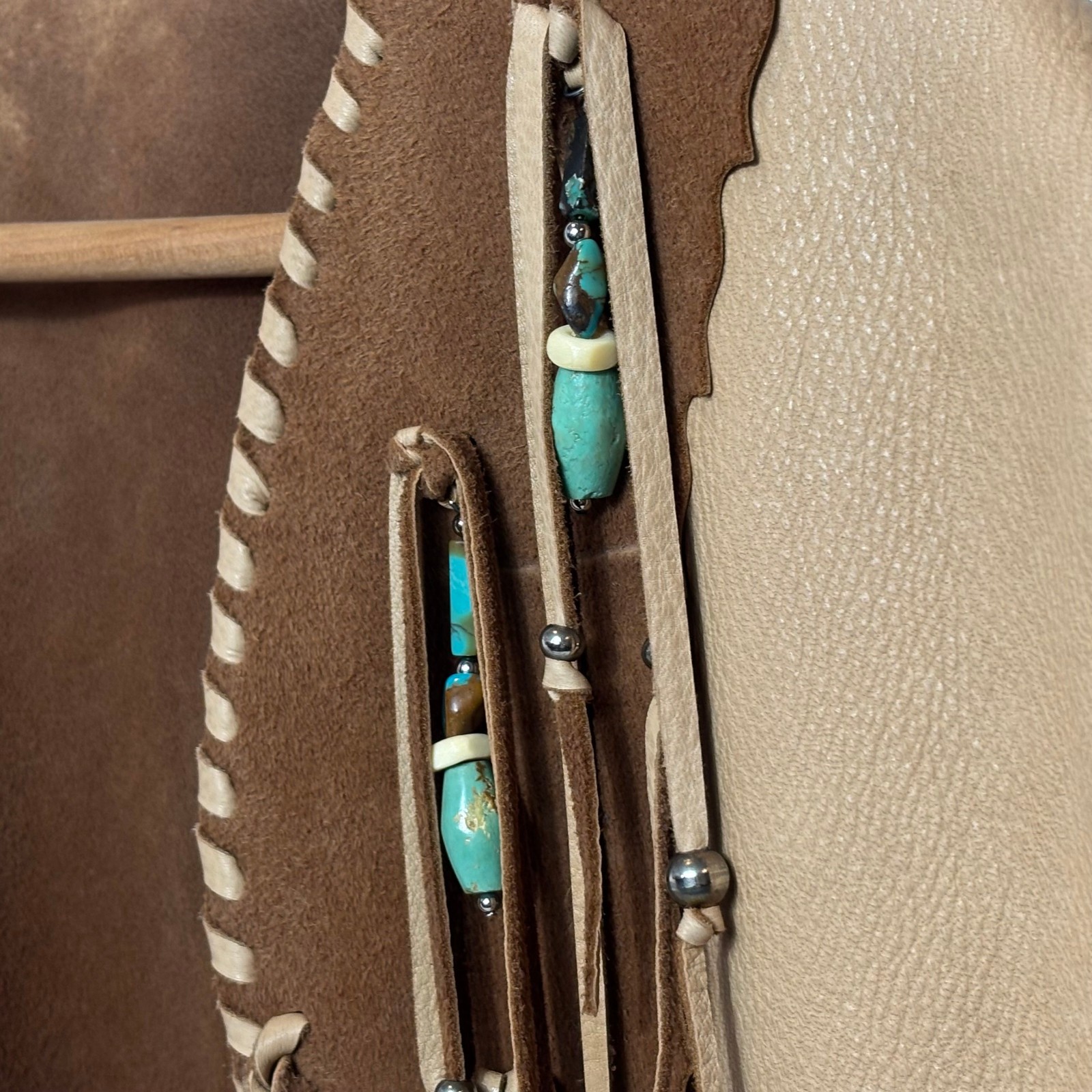 Blue Bonnet Rose Leather Brown & Tan Vest Fringed Turquoise Beads Boho Western