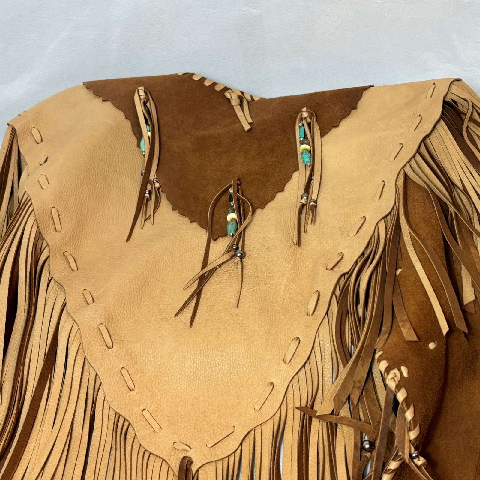 Blue Bonnet Rose Leather Brown & Tan Vest Fringed Turquoise Beads Boho Western