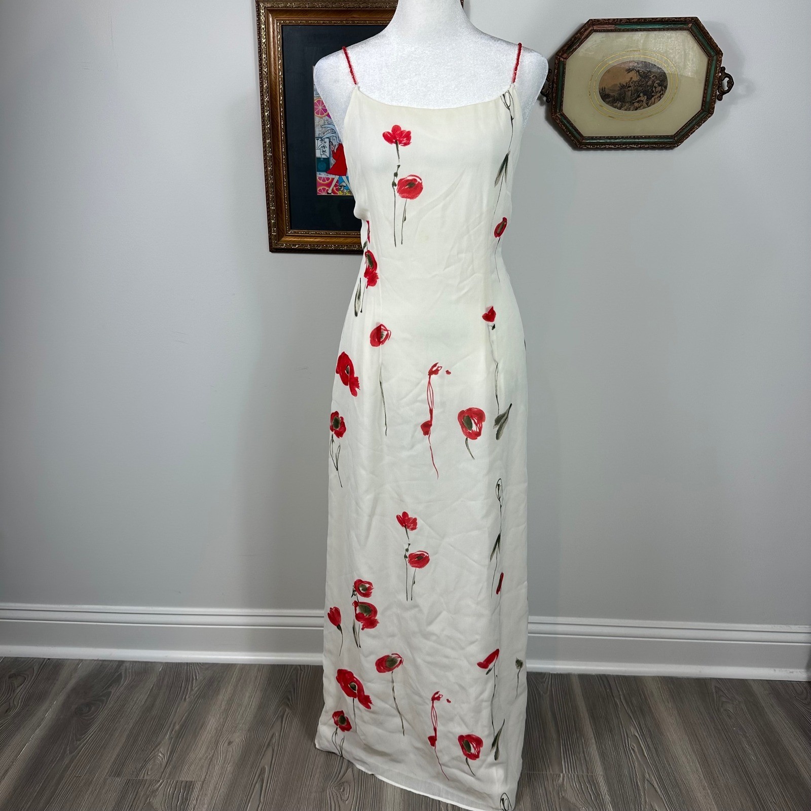 Vintage Y2K White Dress w/ Red Poppy Floral Design & Beaded Straps – SIZE 10
