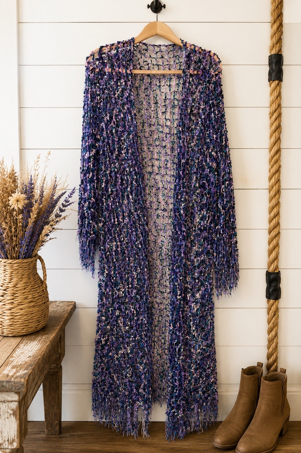 Vintage Y2K Chico’s Design Eyelash Knit Fringe Long Duster Cardigan Boho