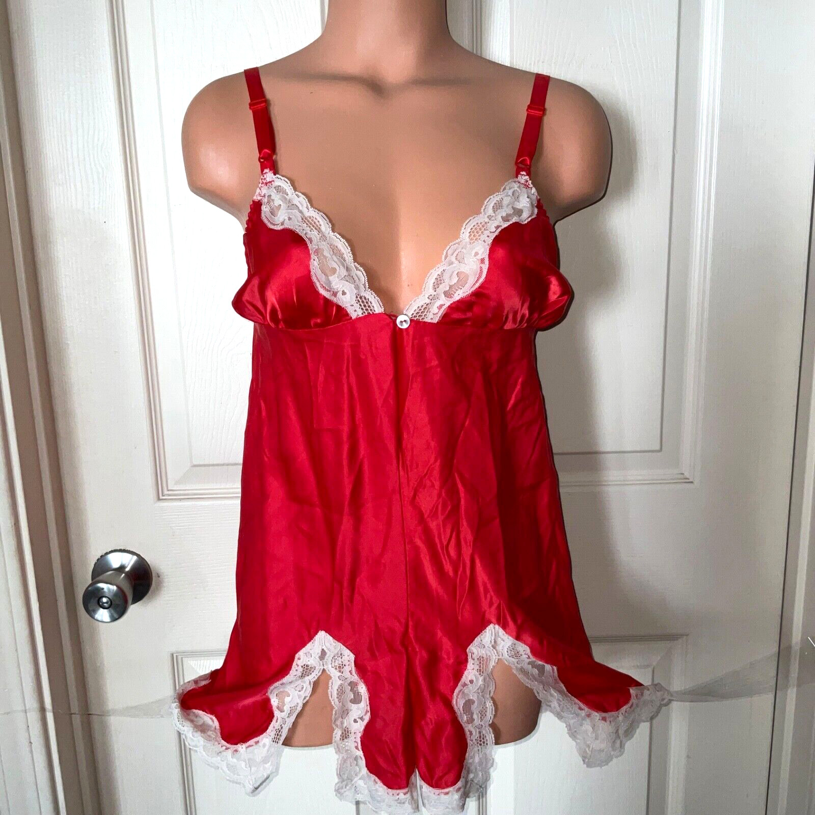 VTG Lily Of France SZ 36 LACY White Red Satin Bodysuit Romper Teddie USA