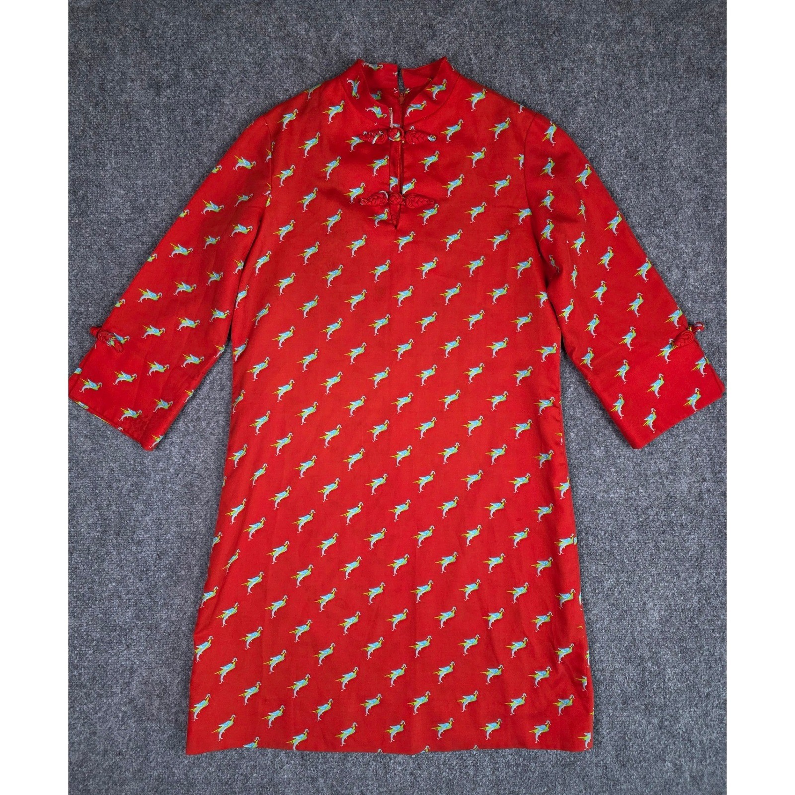 VTG 70s Nordstrom Boutique Red Bird print Dress Mandarin Collar Frog Closure M