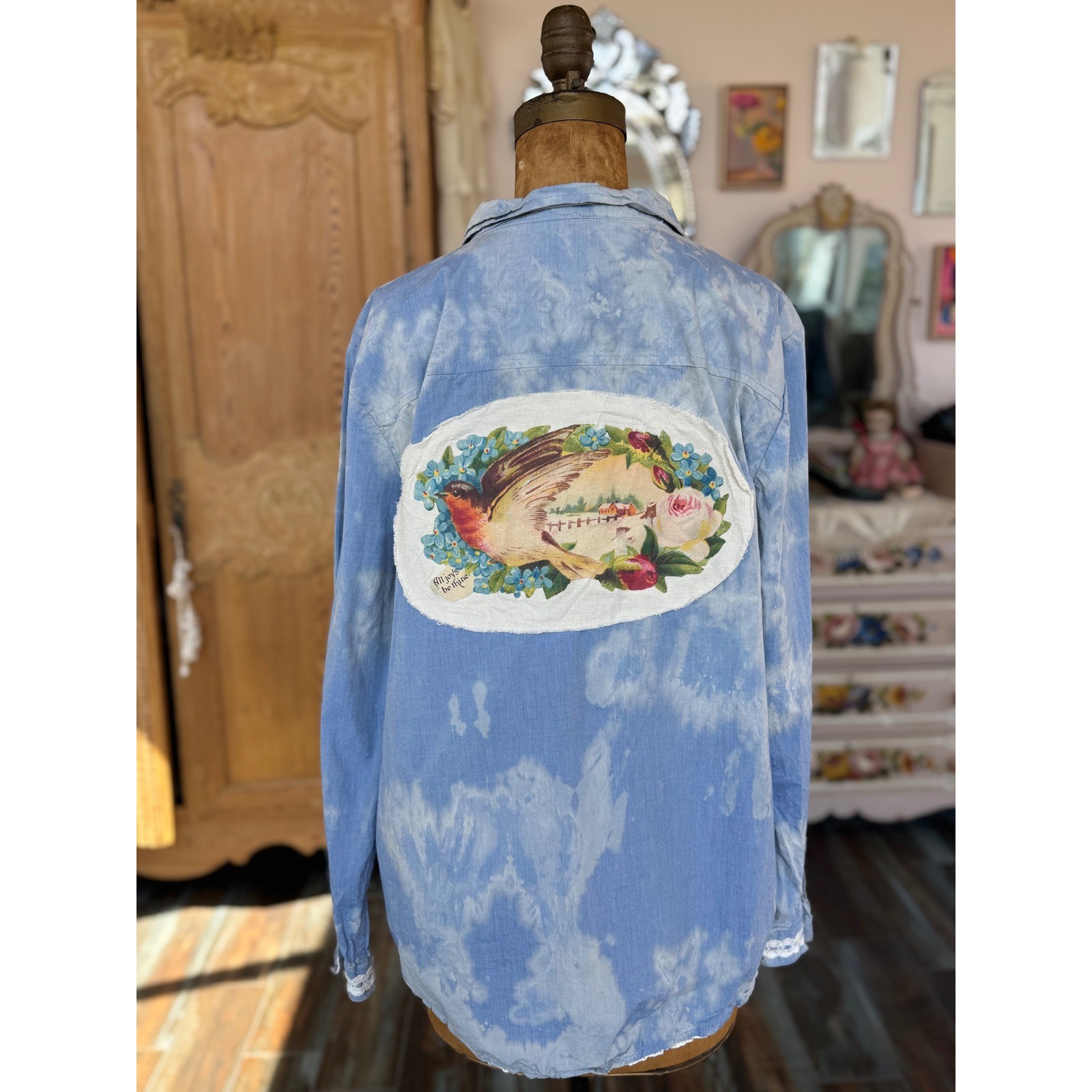 Upcycled Chambray Shirt Bird Patch Cottagecore XL Cotton