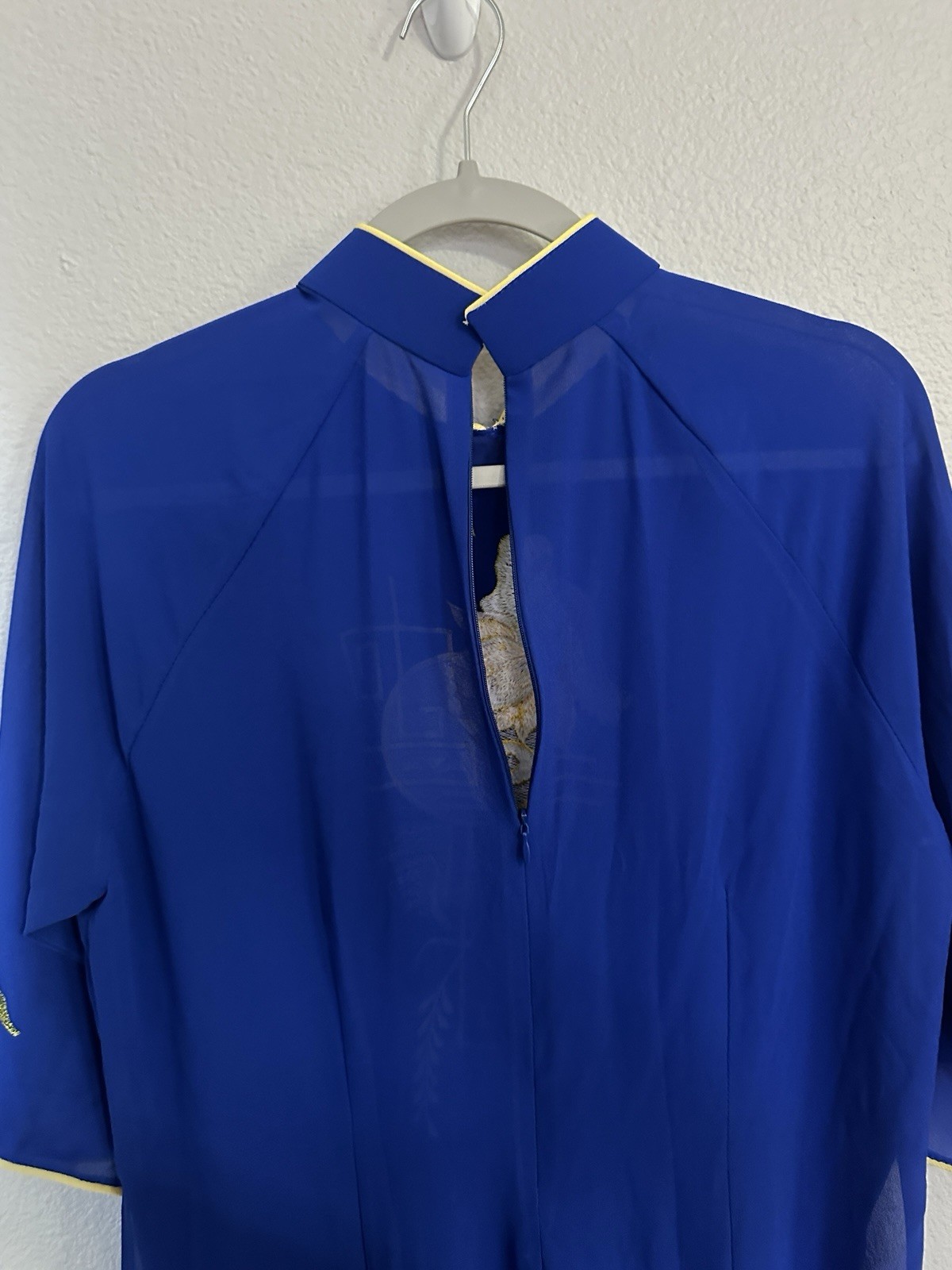 Vintage Inspired Sheer Blue Asian Dress Size 52 – Embroidered Gold Floral Design