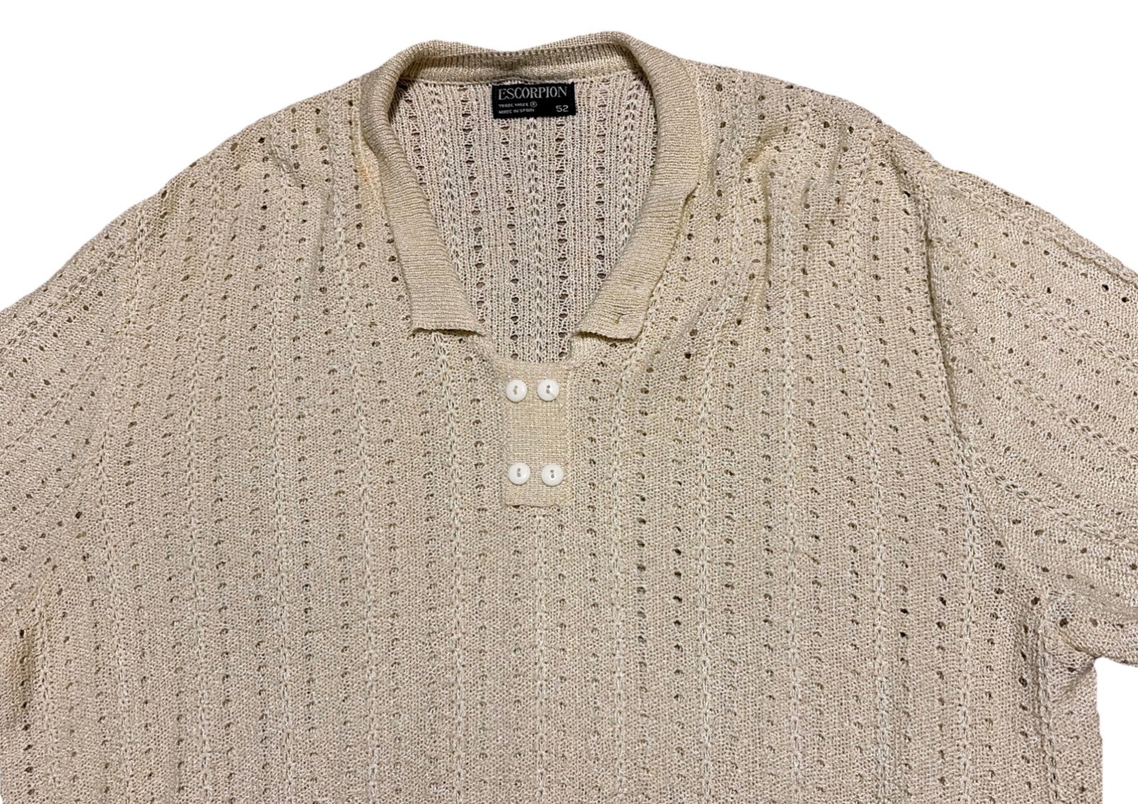 Vintage Womens Knit Shirt Top Collared Size 52 Short Sleeve Beige Spain Made 80s