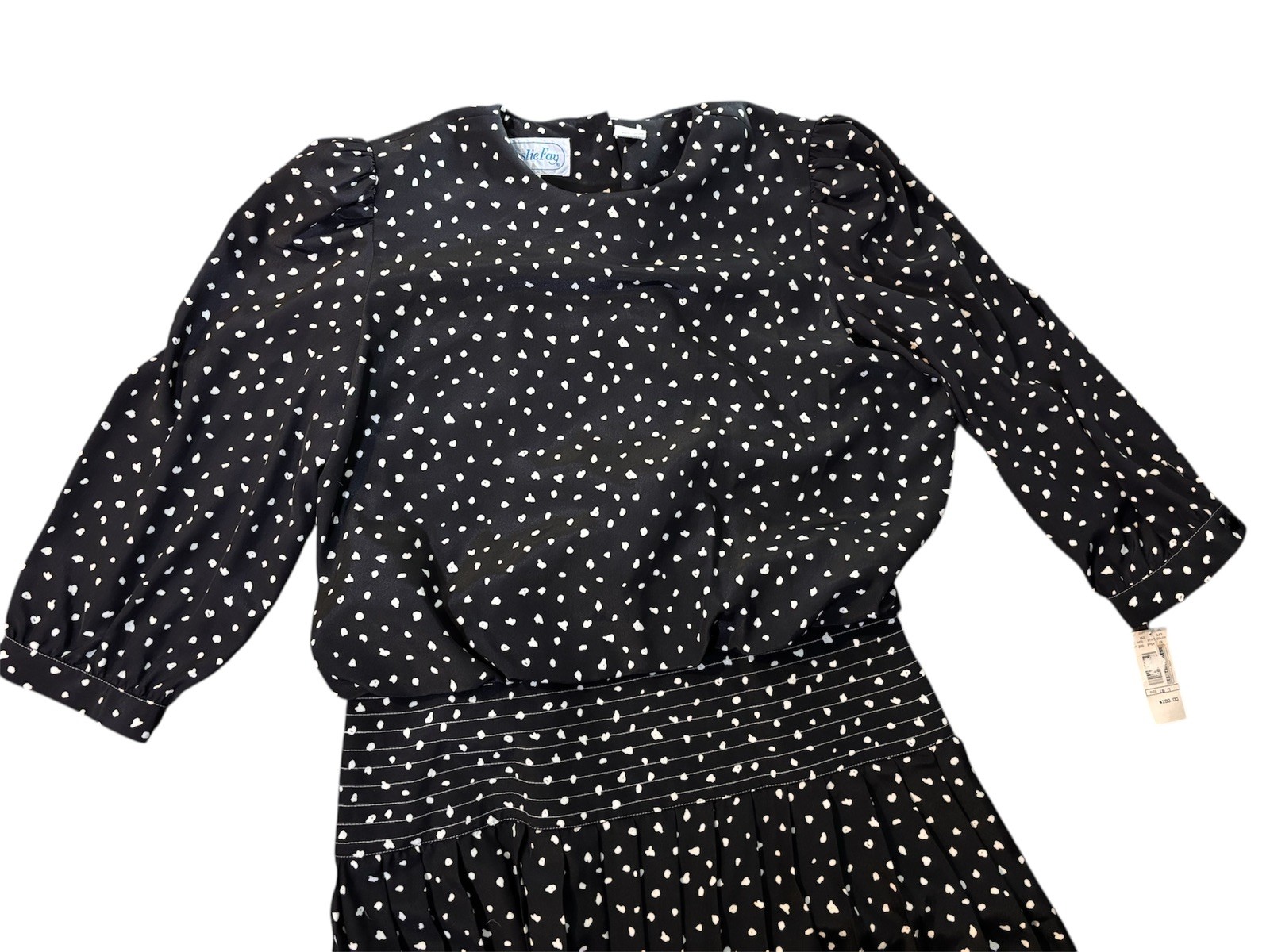 Vtg Leslie Fay Dress Size 16 Black White Animal Print Drop Waist 80’s Deadstock