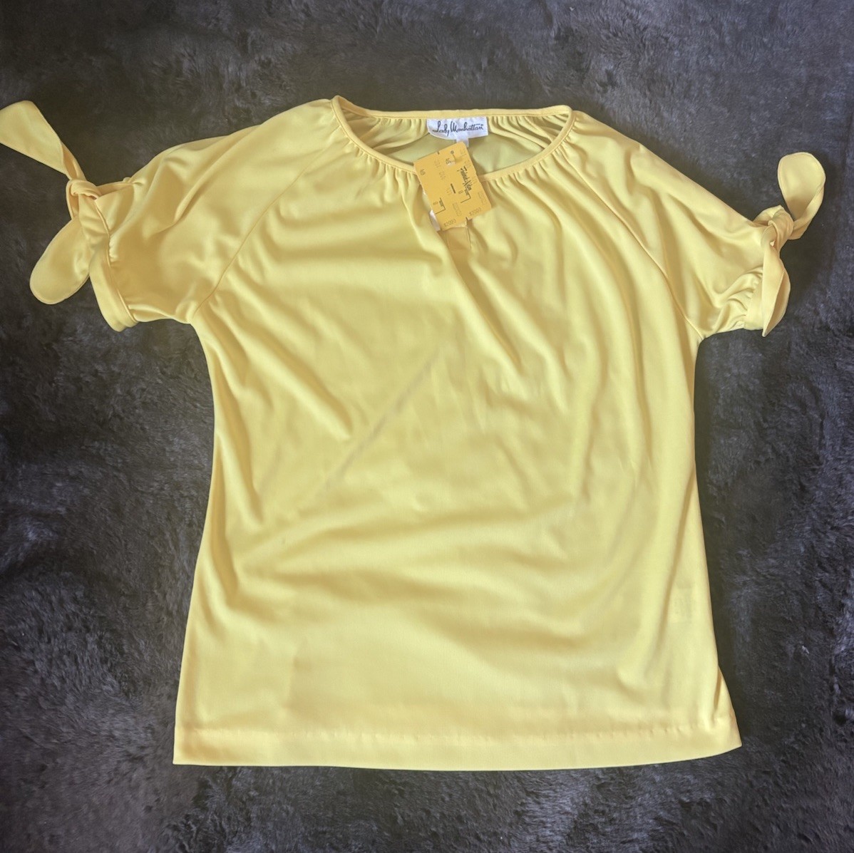 Lady Manhattan Top Blouse 8 Yellow Short Sleeve Henley Button Peasant Style 70s