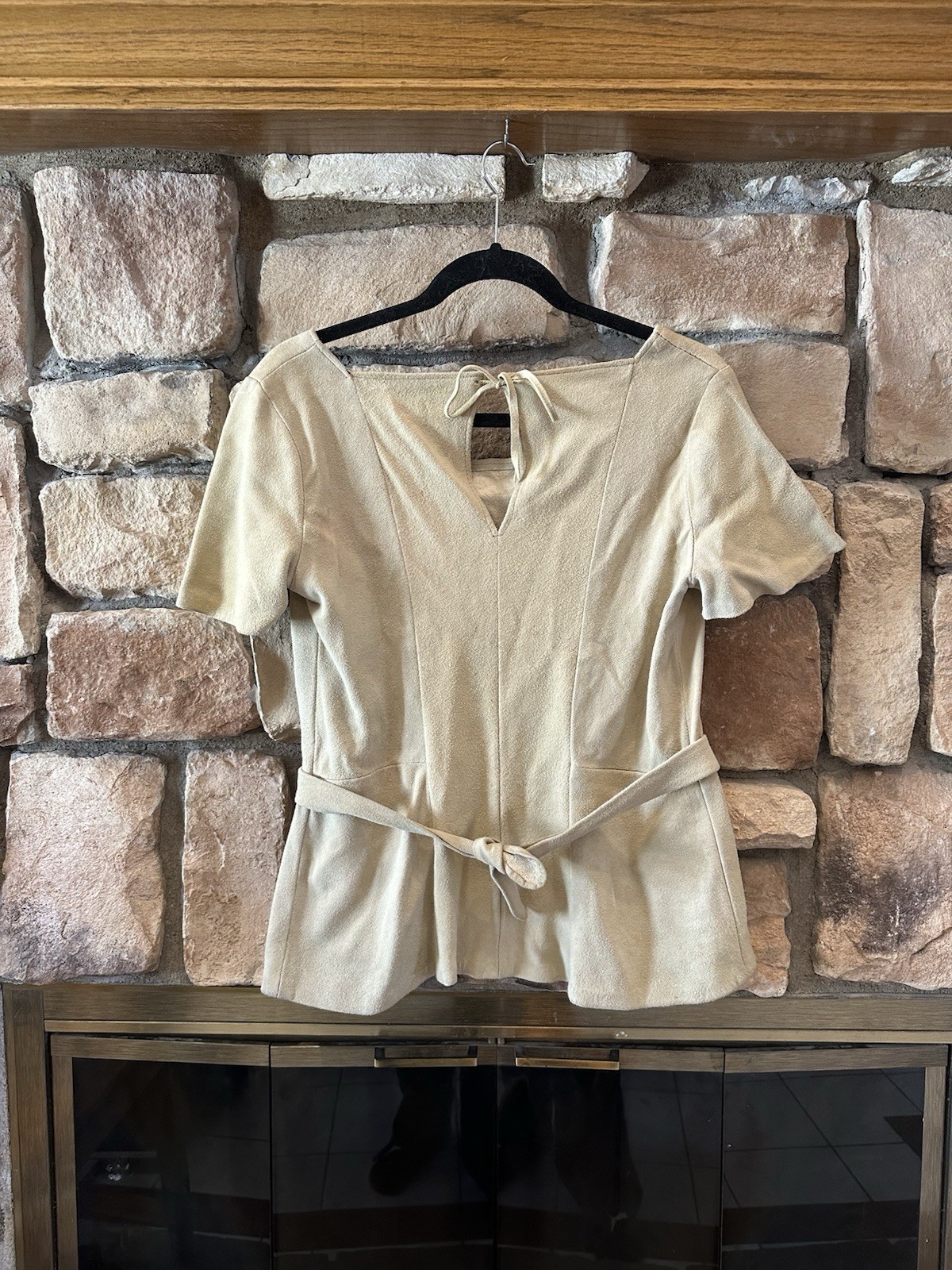 TRUE VINTAGE 60s/70s NATURAL COMFORT Leather Suede Tie Top Hippy Floral Tan L/XL