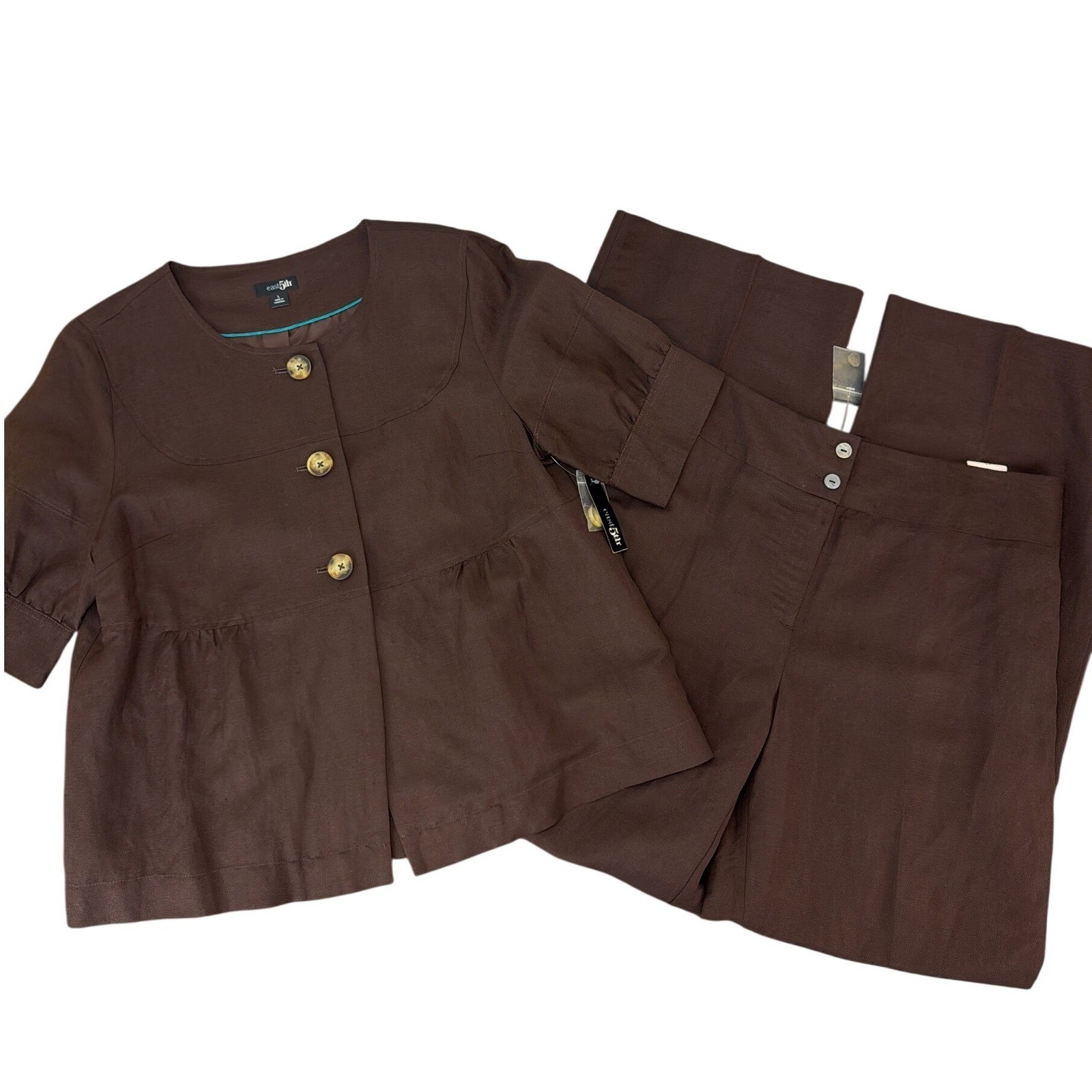 Vtg East5th Brown Linen Blend 2Pc Pant Suit Large 12 Office Career Summer