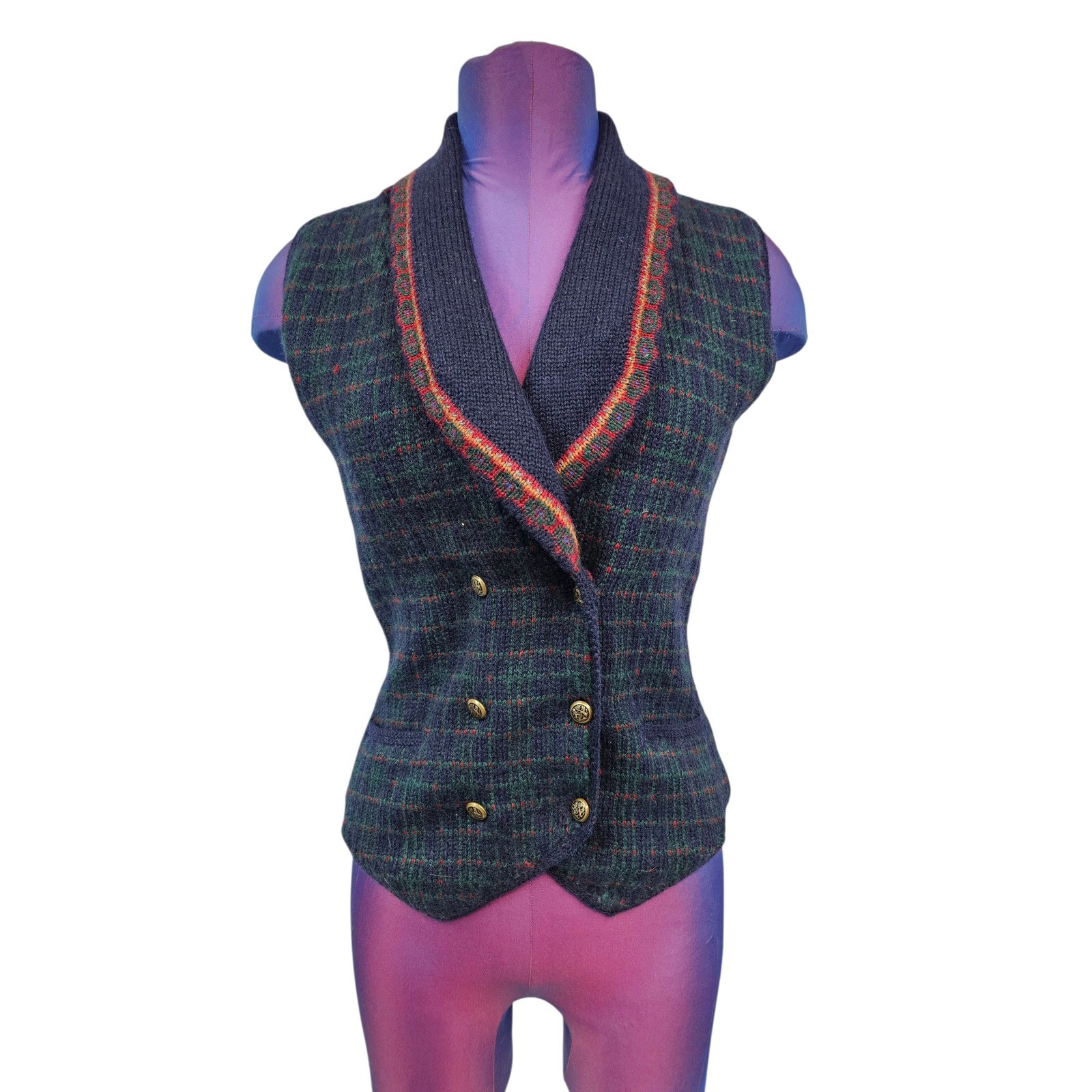 Vintage Susan Bristol Petite Plaid Wool Vest Double Breasted Shawl Collar W51