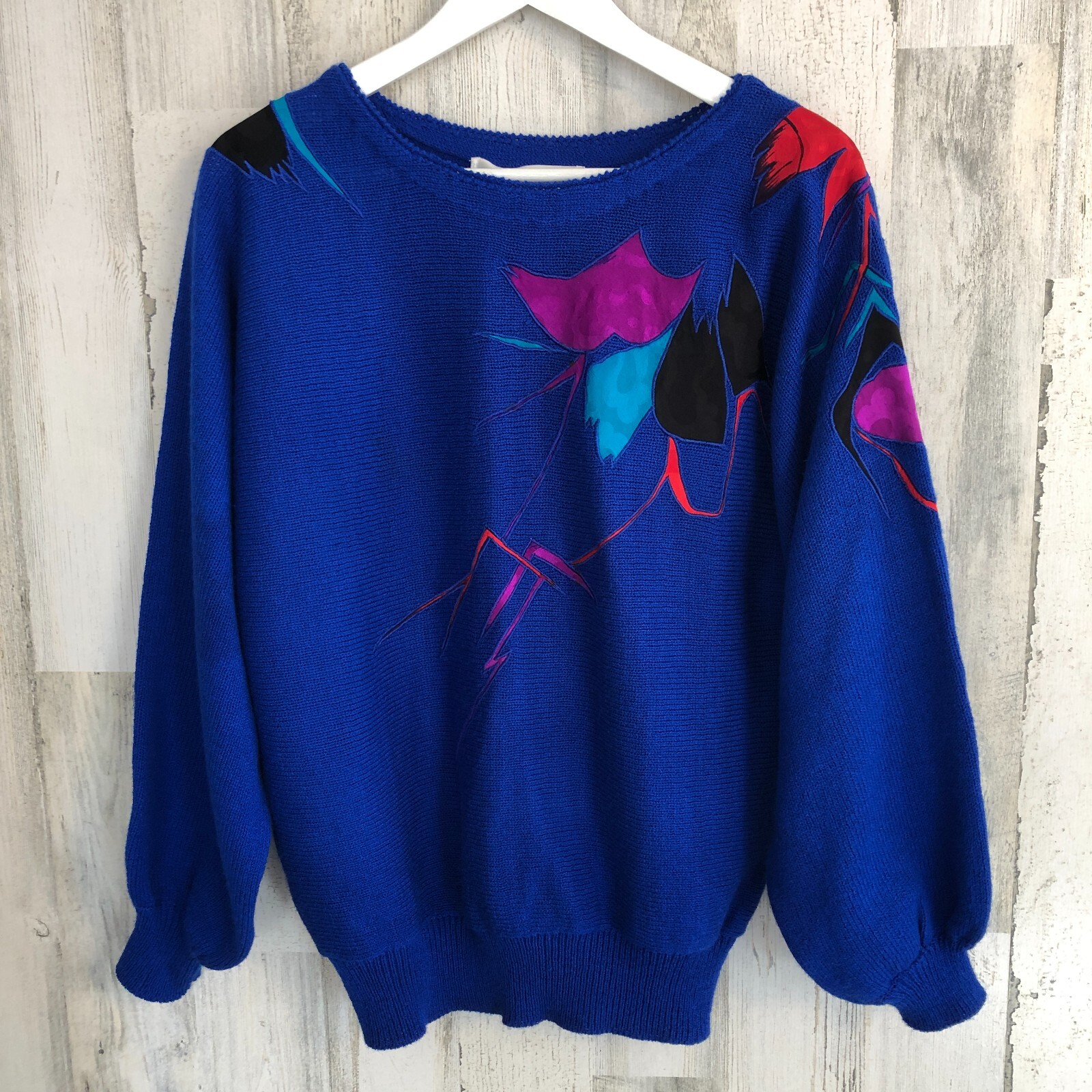 vtg 80s UMI Collections by ANNE CRIMMINS Sweater Sz L Blue Art-to-Wear Pullover