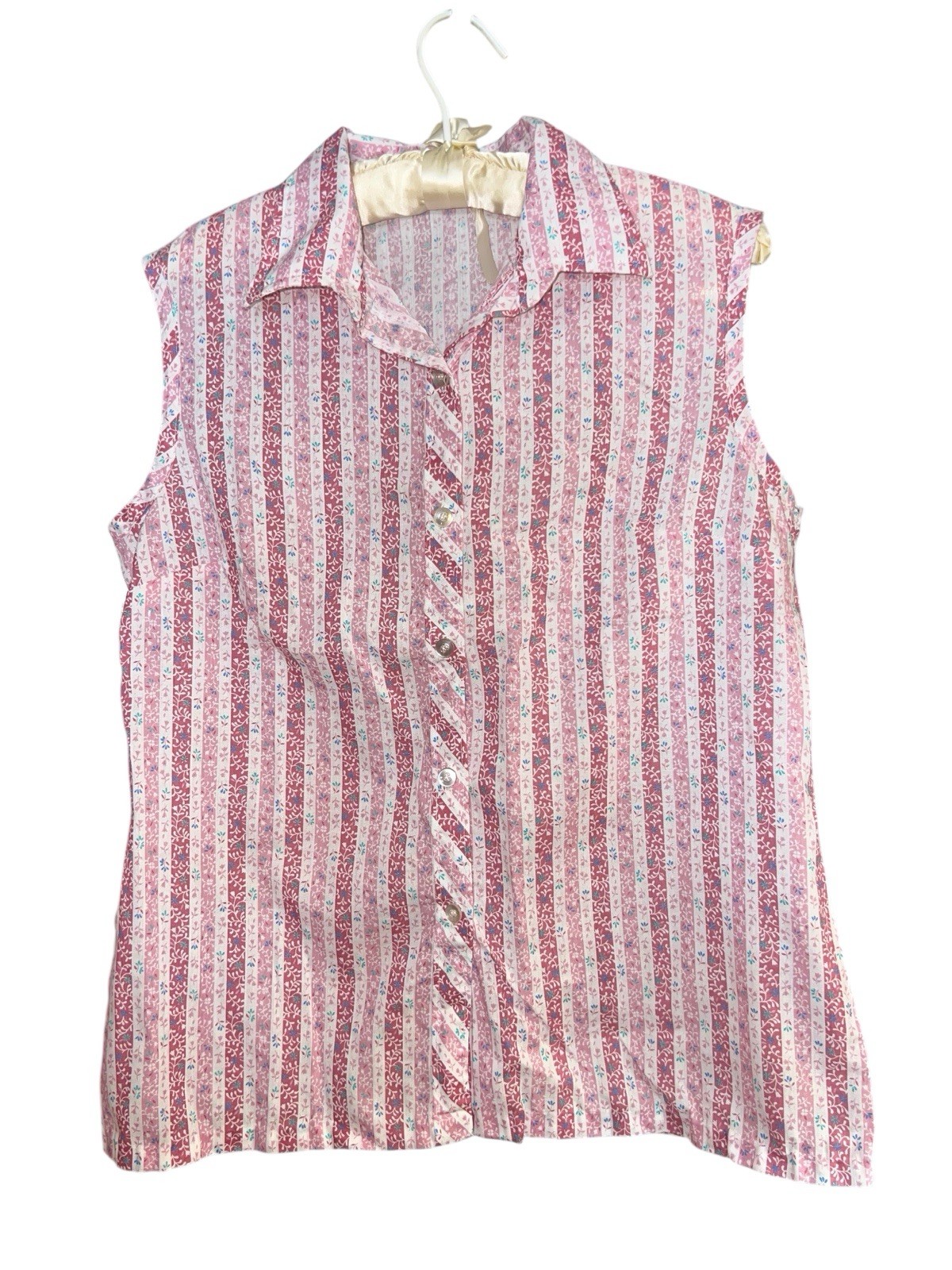 Vintage 70s Miss Fashionality Pink Striped Sleeveless Cotton Top 13/14