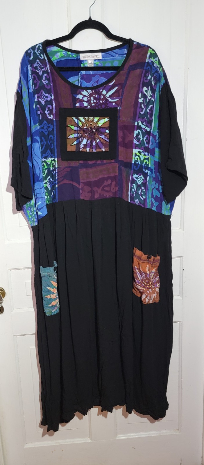 EUC 90s VTG 5X Batik Patchwork Maxi Dress Art to Wear Boho Pockets Summer Blue