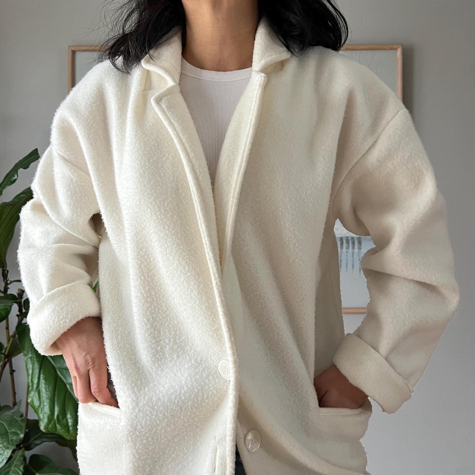 Vintage Cream Fleece Jacket Oversized Minimalist Coat Cozy Neutral 90s