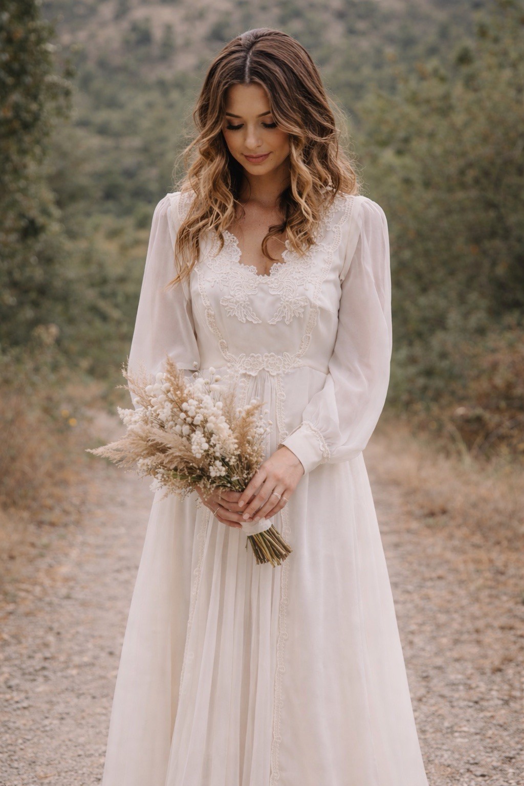 Vintage 1970s Wedding Dress – Prairie Boho Long Sleeved Bridal Gown with Bustle