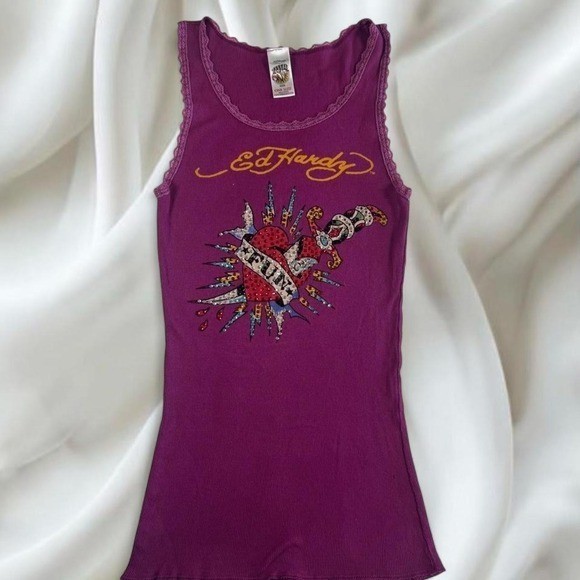 Rare Ed Hardy purple lace rhinestone graphic tank top y2k vintage mcbling grunge
