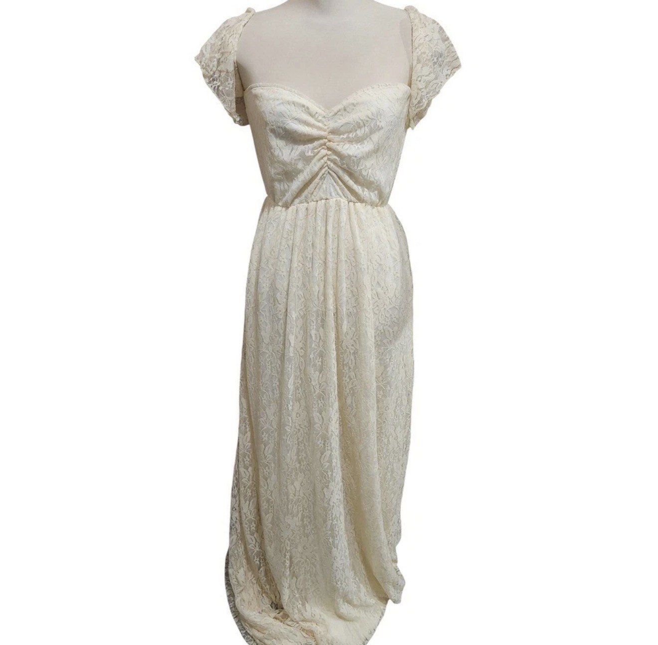 Ethereal Romantic Cream Floral Lace Maxi Sleeve Ruched Sweetheart Weddind