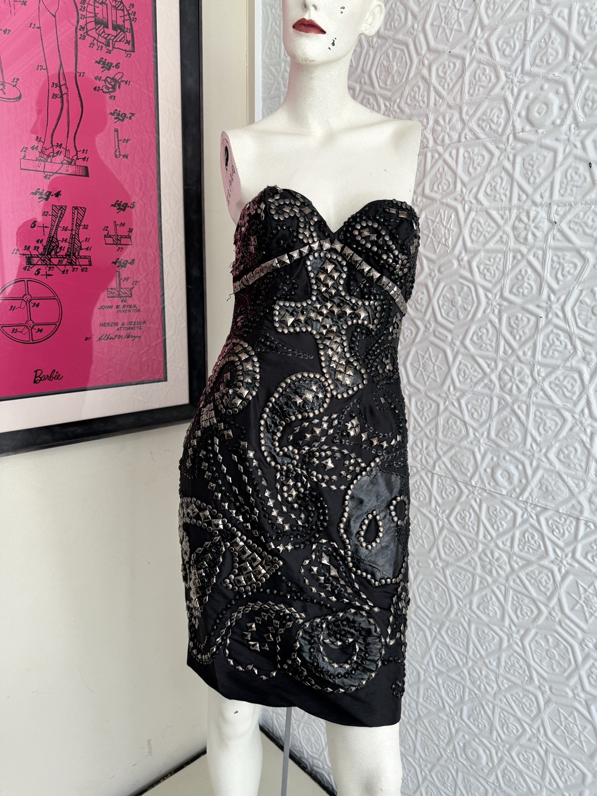 vintage 1980s/90s strapless studded mini dress Tony Bowls Rocker Goth medium