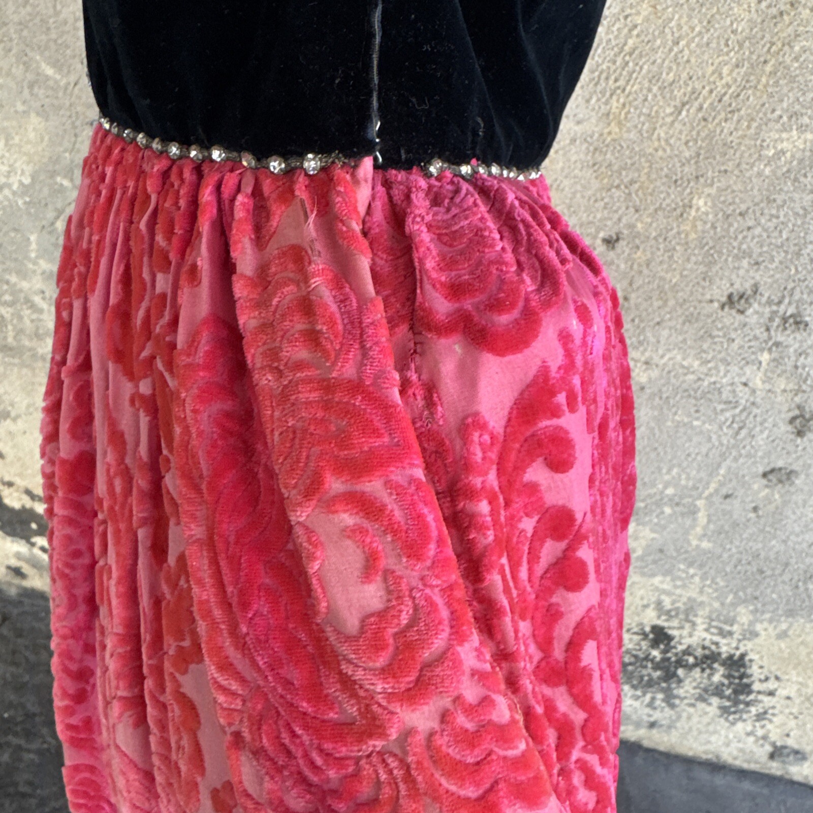 Antique 1920s Robe De Style Stage Dress Pink Devore Velvet Fringe Rhinestone VTG