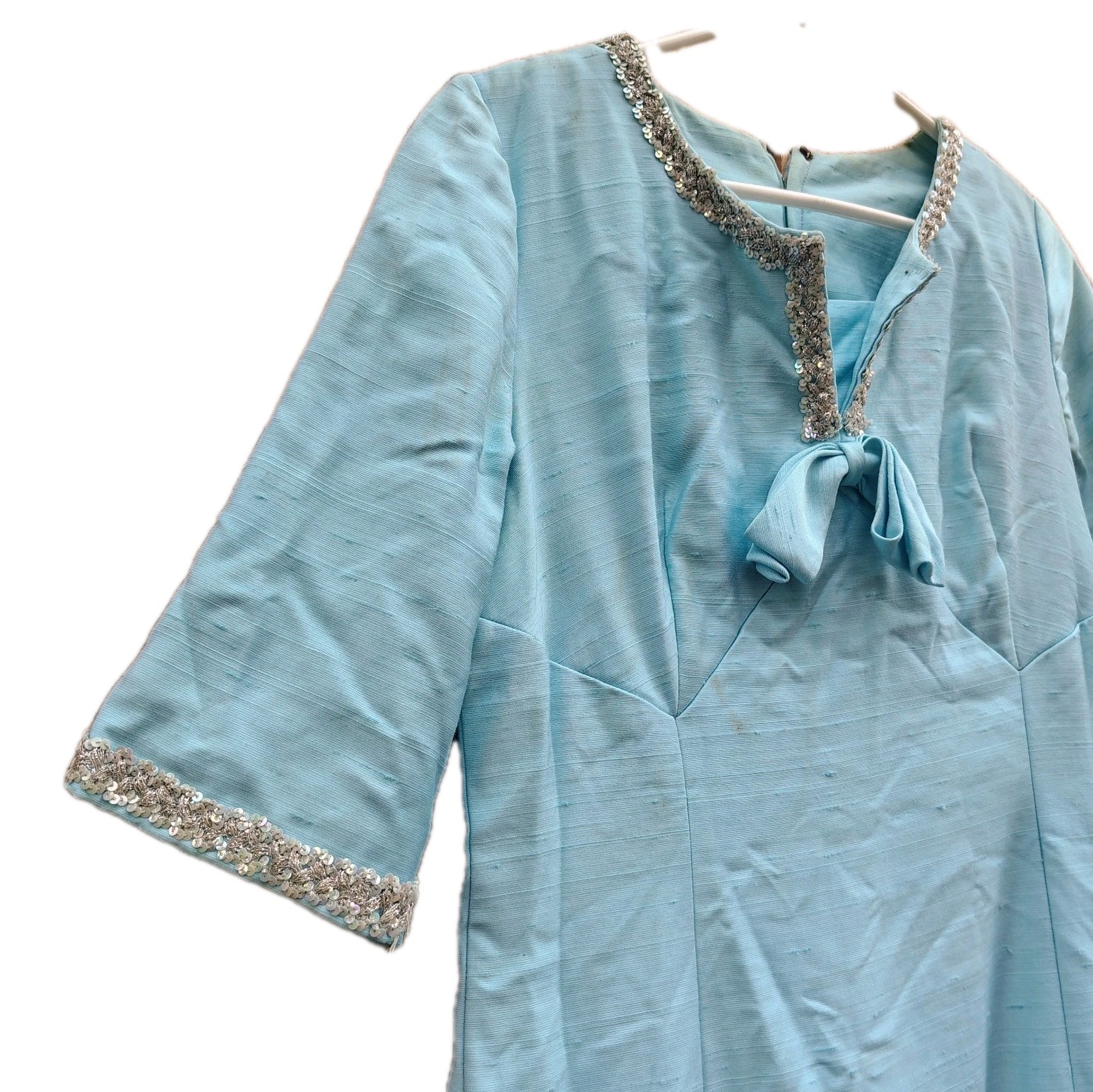 Vintage 1960s Leslie Pomer Blue Shift Dress Beaded Trim Bow Front Mod Dress…