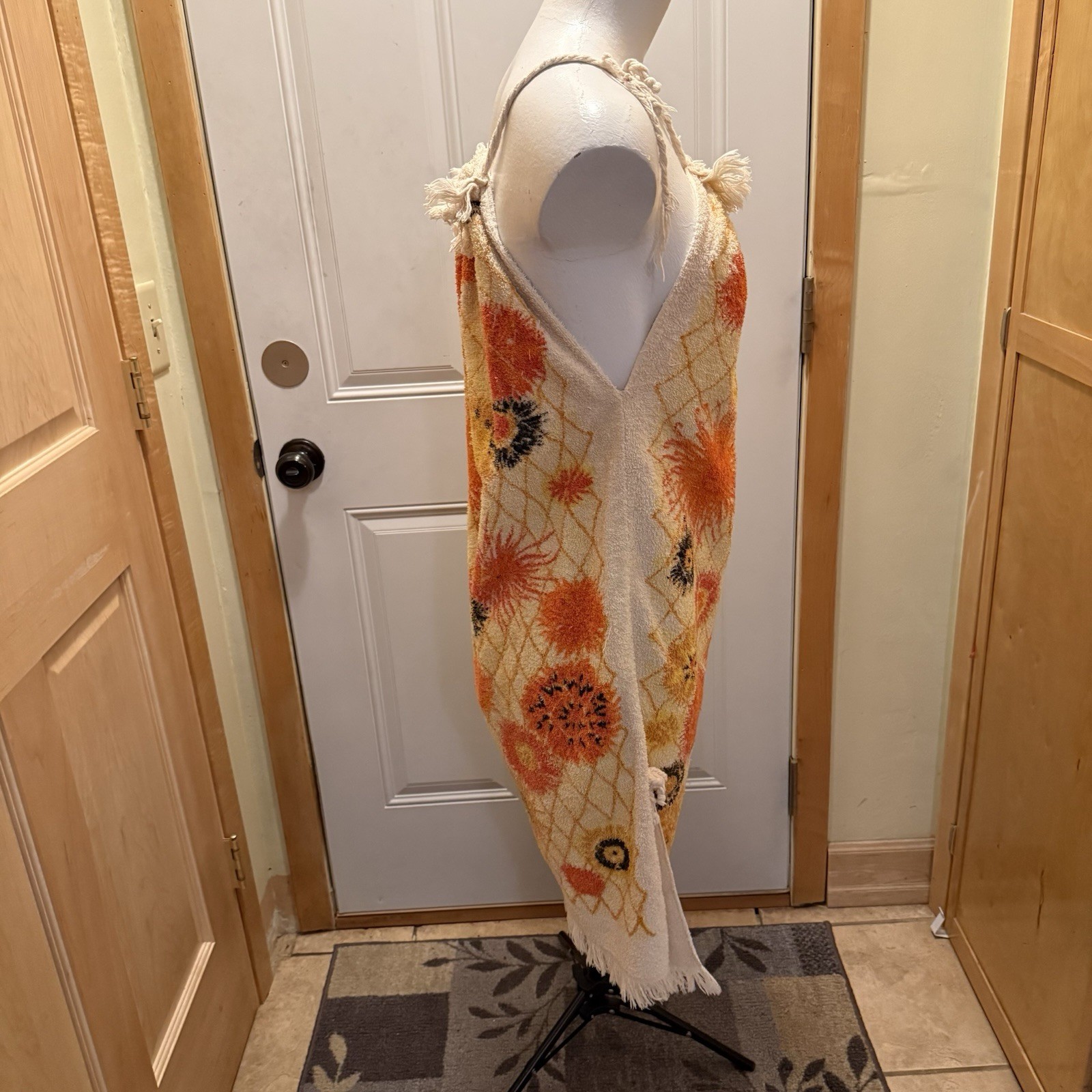 Vtg Terry Cloth Towel Dress Cotton Swim Beach Cover Up Flowers Fringe S/M Cannon