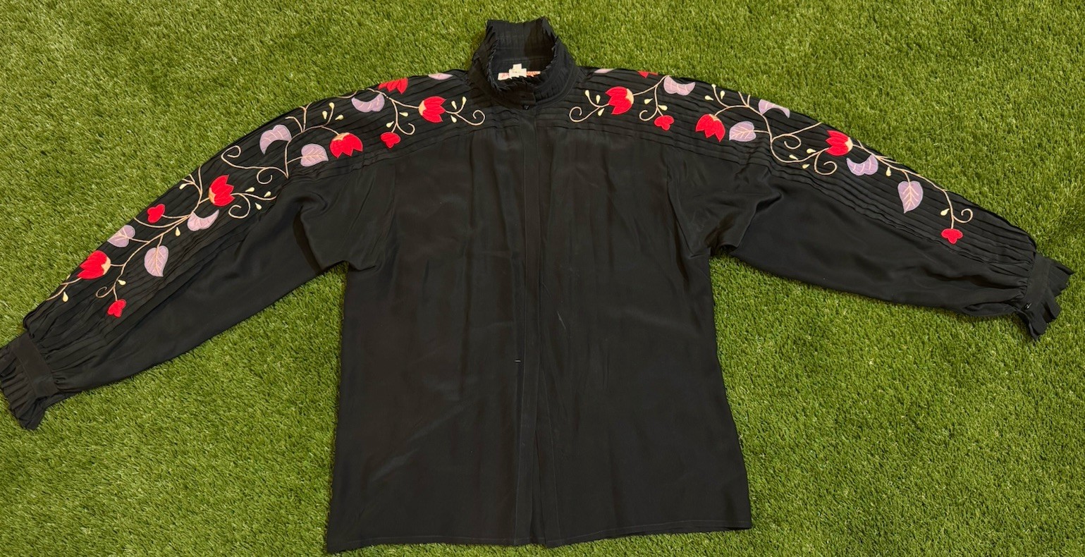 Vintage VTG Jerri Sherman Women’s Silk Black Long Sleeve Blouse Cowgirl Floral