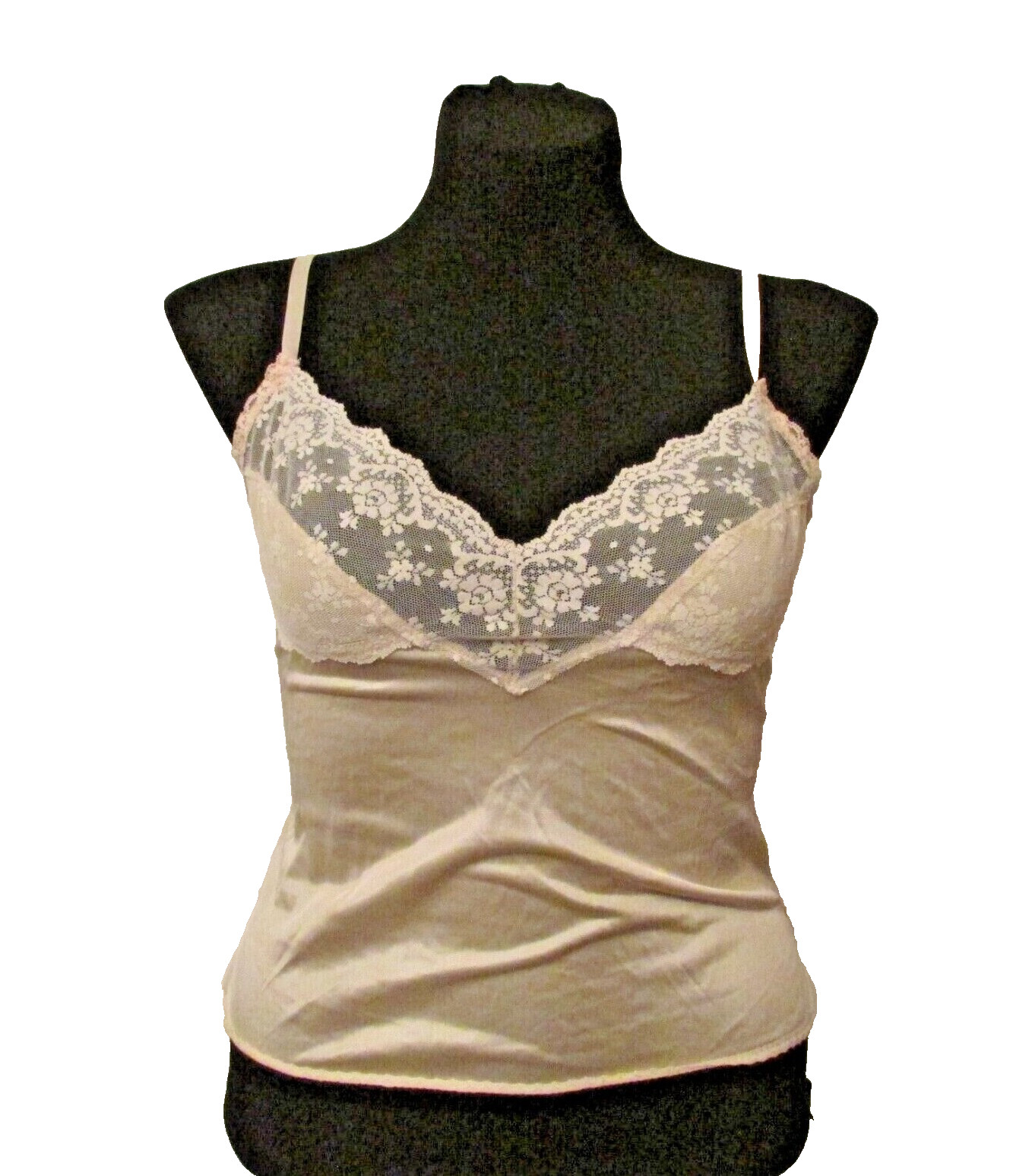 L’eggs 8510 Beige Semi-Sheer Silky Nylon Lace Camisole Cami Slip Top 38 USA made