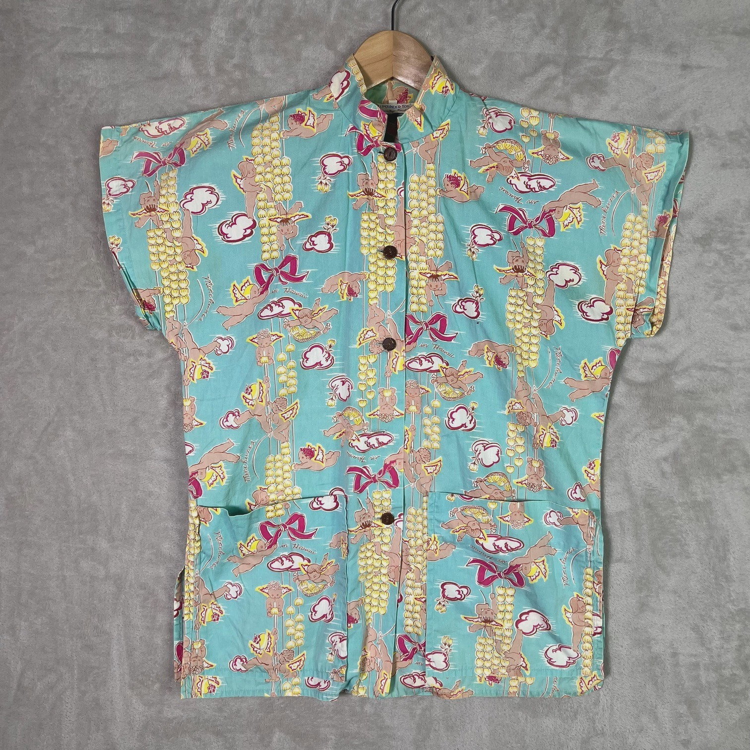 Vintage 50s Poi Pounder Tog Hawaiian Togs Shirt M Honolulu Cupid Cherub Aloha