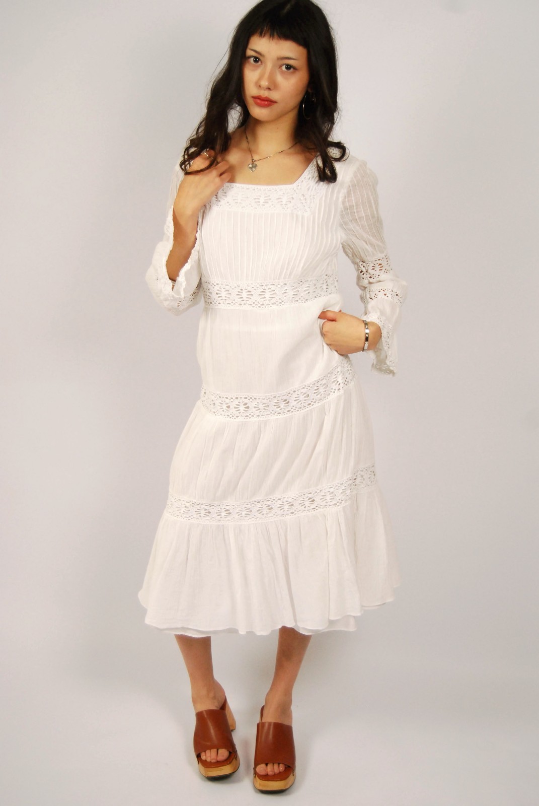 90s Prairie Midi Dress (8) white vintage bohemian peasant hippie bell sleeves