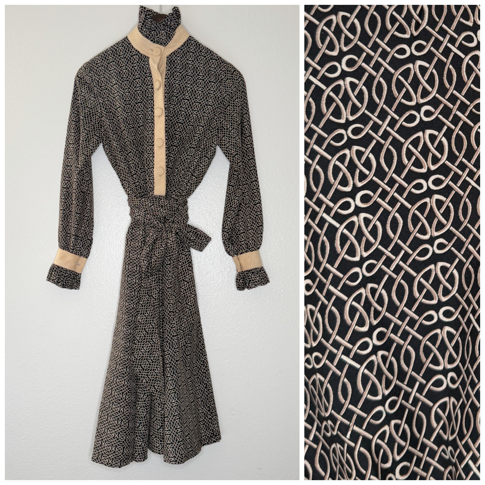 Vintage Shirtdress 70s Lillie Rubin Suede Trimmed Printed Belted High Collar SM