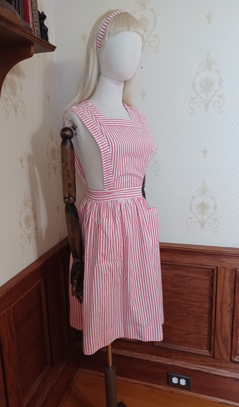 Vintage 1940s/1950s Mid-century Cottagecore Candy Striper Pinafore + Headband