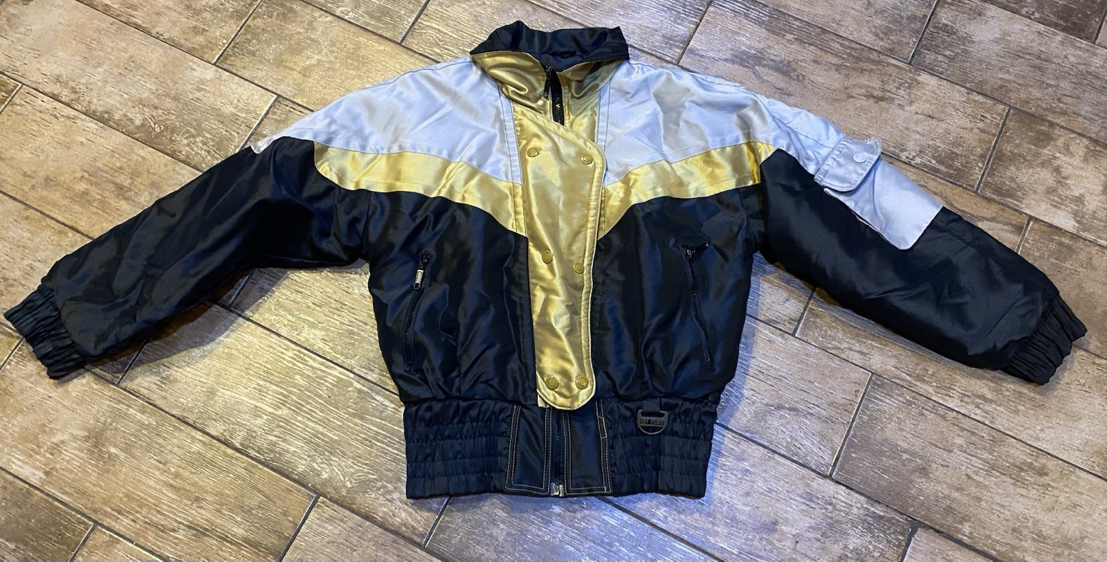Hot Music Vintage Jacket Womens Sz M Full Zip Nylon Ski Gold/Silver/Black Great