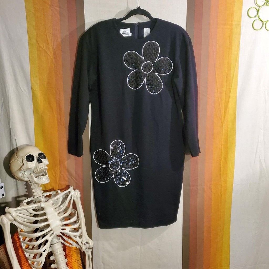 Vintage 80s Black Long Sleeve Dress with Big Silver Retro Sequin flowers