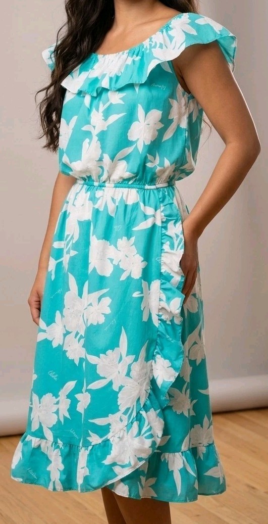 Vintage 70’s Basically Hawaiian Aqua White Side Ruffle Dress Made In Hawaii M
